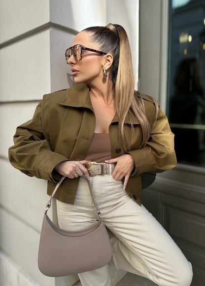 Cropped Button Up Jacket Khaki Lightweight Fabric