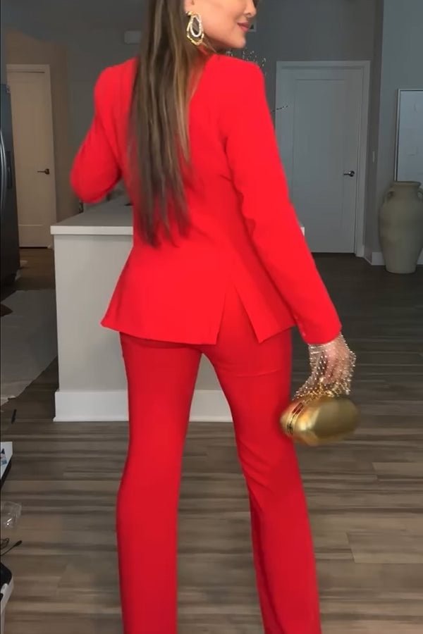 Luxe Lifestyle Single Button Lapel Blazer and Elastic Waist Pocketed Straight Suit Pants Set