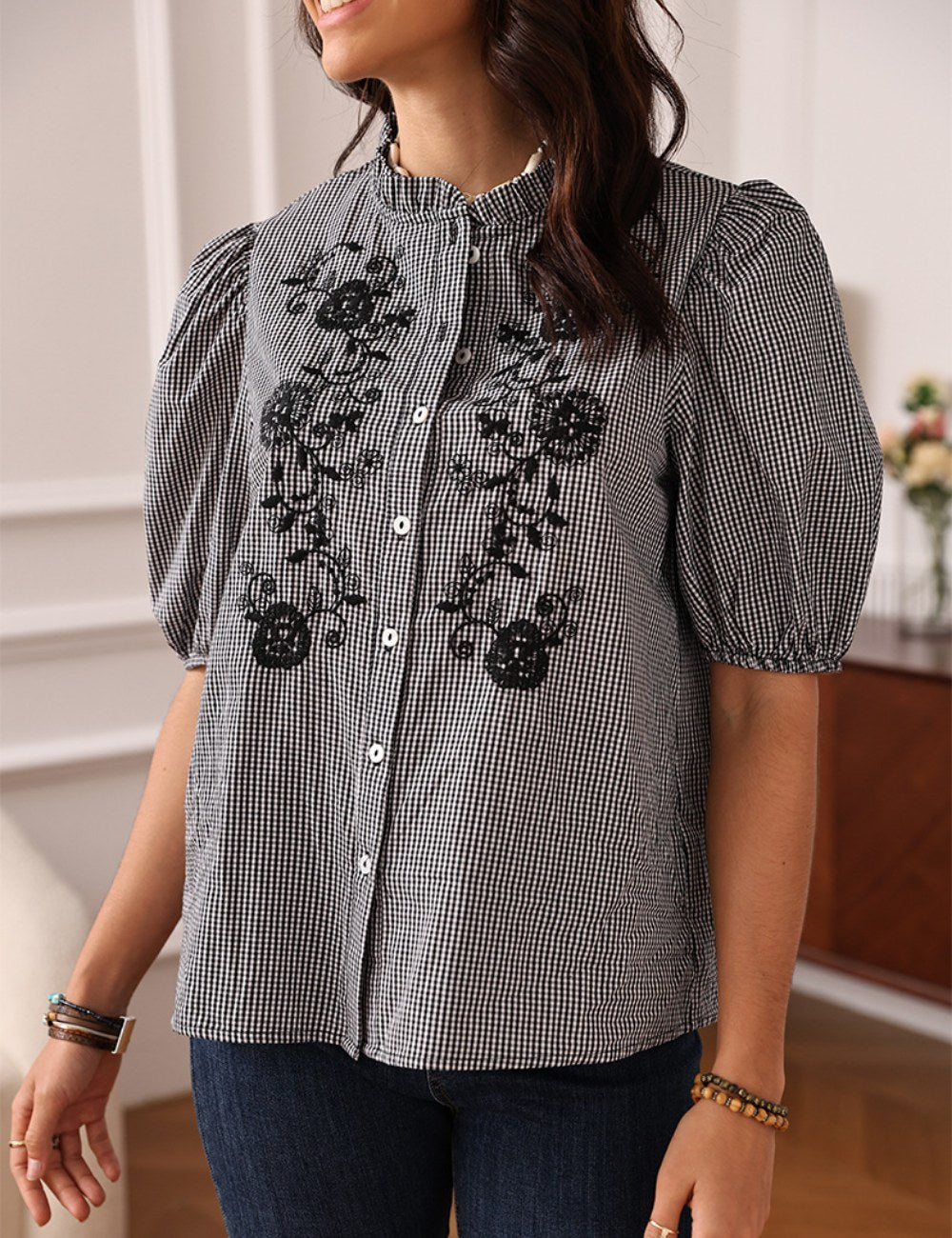 Plaid Floral Embroidered Ruffled Shirt