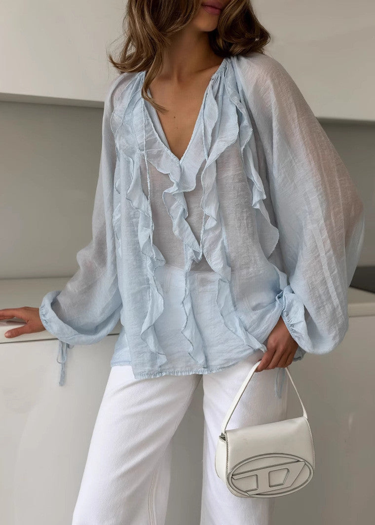 Sheer Polyester Chiffon Tie Blouse With Ruffles
