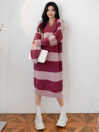 Stylish Loose Striped V-Neck Sweater Dresses
