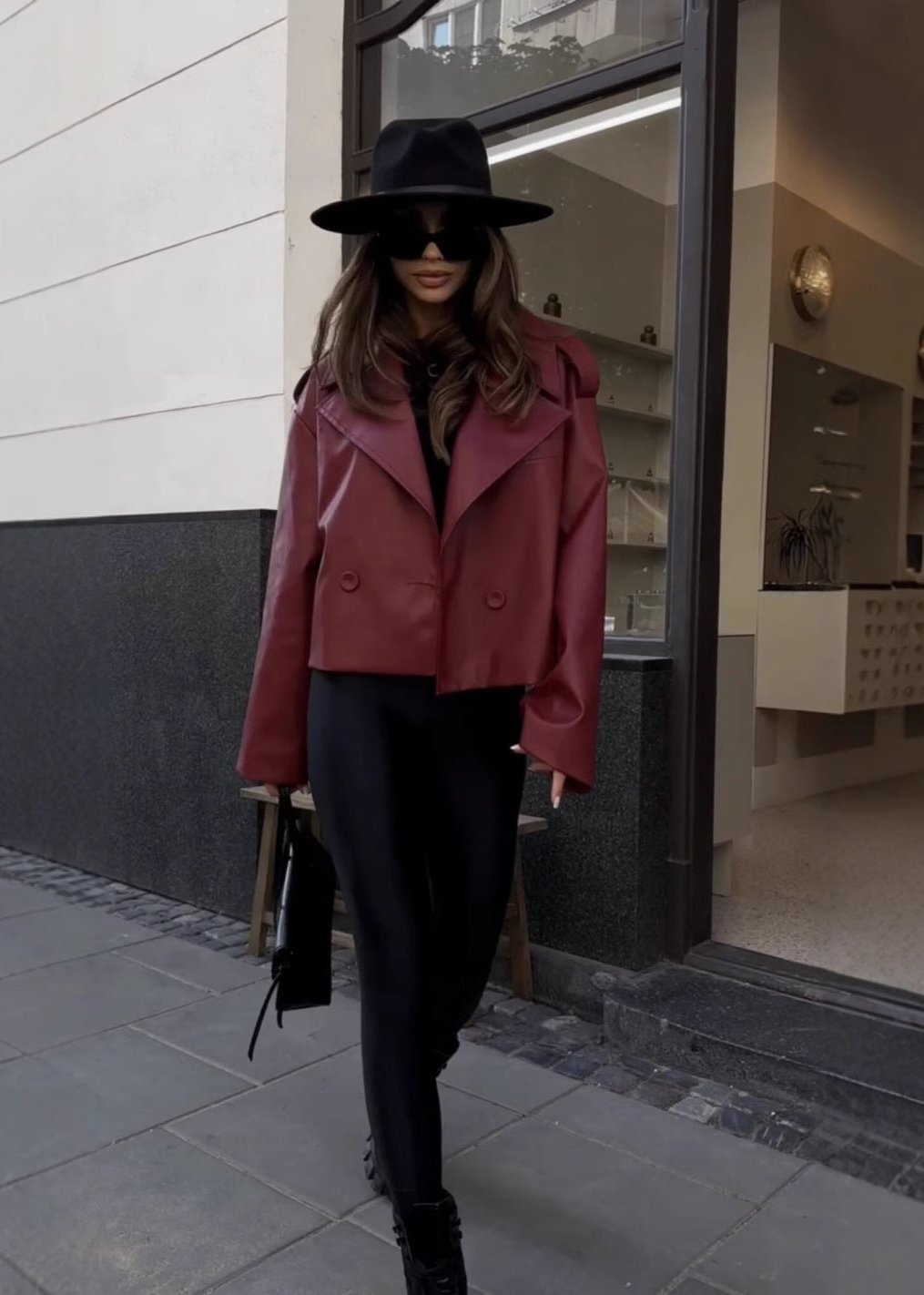 Cropped Leather Jacket With Oversized Lapels