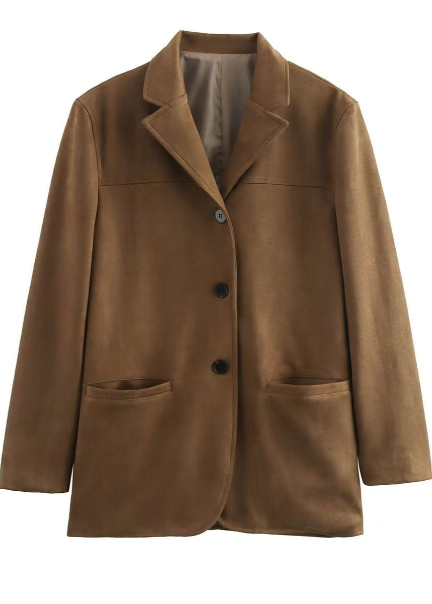 Suede Button Front Blazer with Patch Pockets