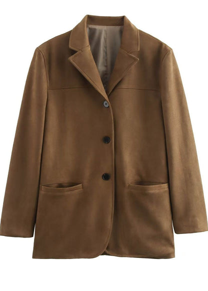 Suede Button Front Blazer with Patch Pockets