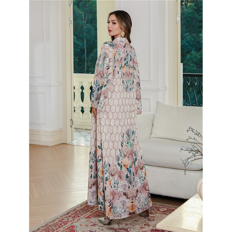Embroidered Tribal Print Loose Long Sleeve Abaya Dress