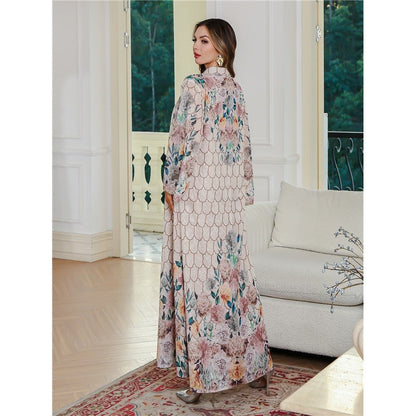 Embroidered Tribal Print Loose Long Sleeve Abaya Dress
