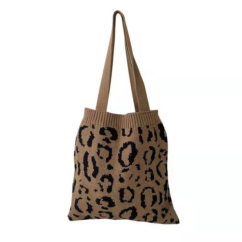 Crochet Tote Bag Leopard Print Knit Bag