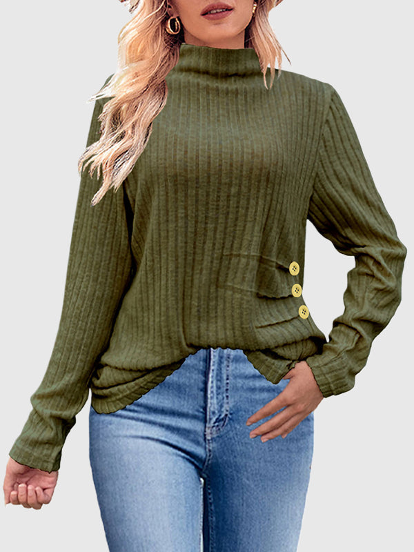 Long Sleeves Loose Buttoned Pleated Solid Color High Neck Pullovers Sweater Tops