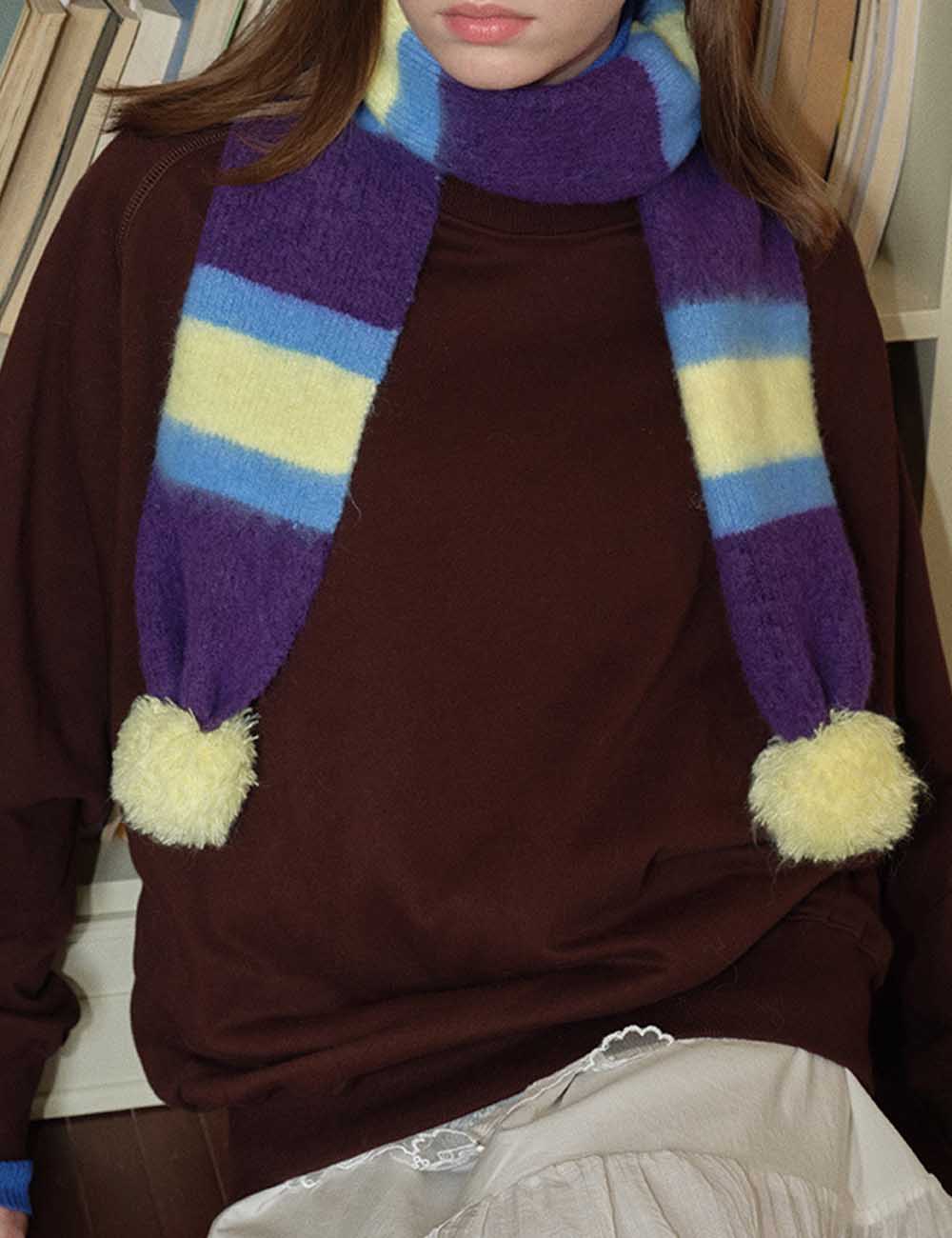 Cute Knit Striped Scarf with Pom Pom