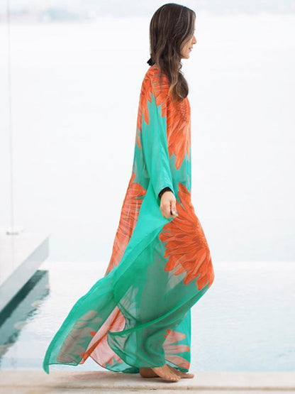 Sunflower Pattern Loose Plus Size Beach Cover-Ups