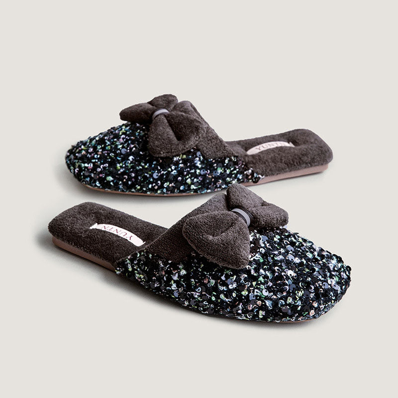 Elegant Sequins Plush Bow Knot Slippers