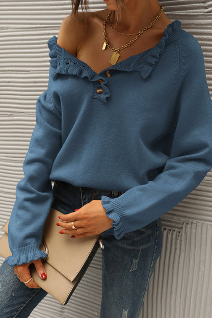 Long Sleeve Button Down Ruffle Knit Pullover Sweater Tops
