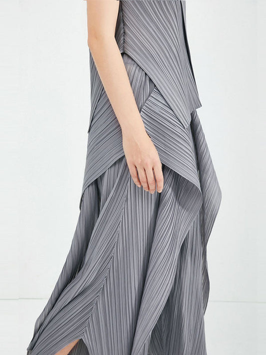 Irregular Clipping Loose Asymmetric Pleated Solid Color Split-Side Tiered Round-Neck Casual Pants Bottoms Two Pieces Set Vest Top