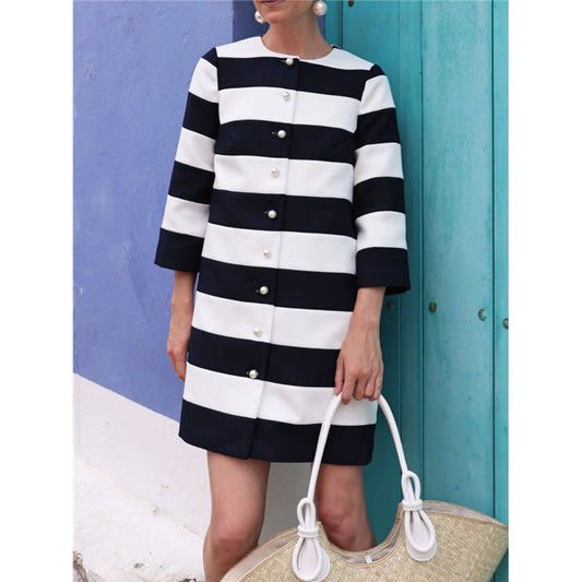 Loose Three-quarter Sleeves Buttoned Striped Round-neck Jackets&Coats Outerwear