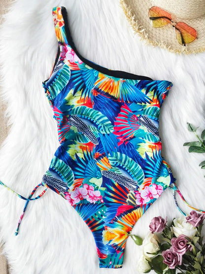 Women'S One Piece Swimsuit Print Sexy One Shoulder Strap Three Point Swimsuit