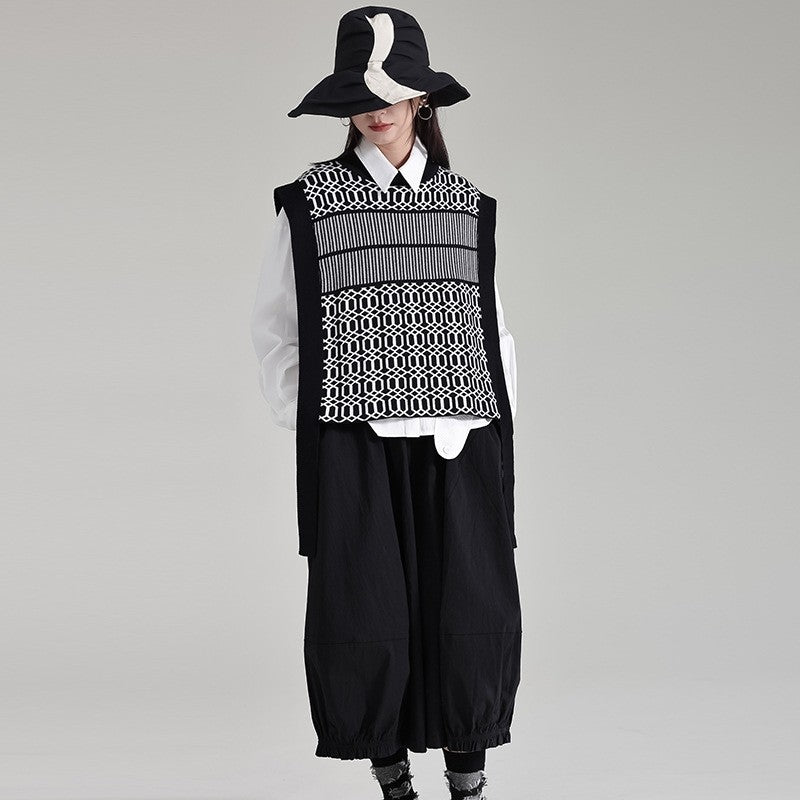 Black White Striped Knit Vest