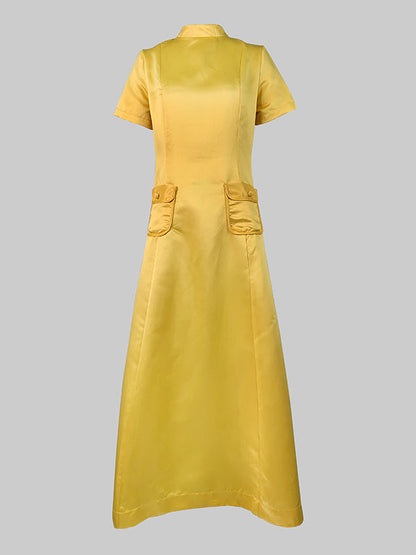 Short Sleeves Pockets Solid Color Split-Joint Round-neck Maxi Dresses