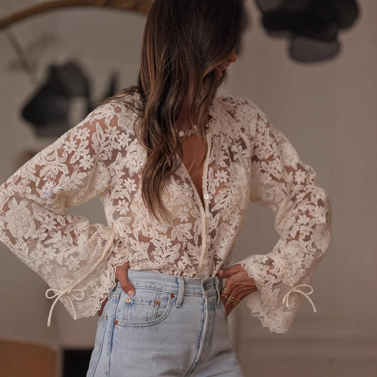 Crosa - Embroidered Lace Cardigan Top - Boho