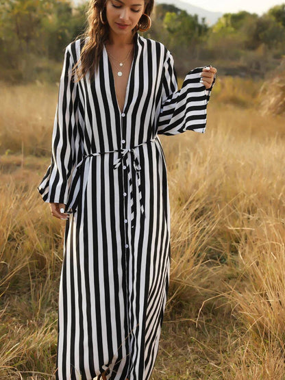 Stylish Women'S Big Striped Comfortable Ultra-Long Shirt Single-Button Edgy Shirt