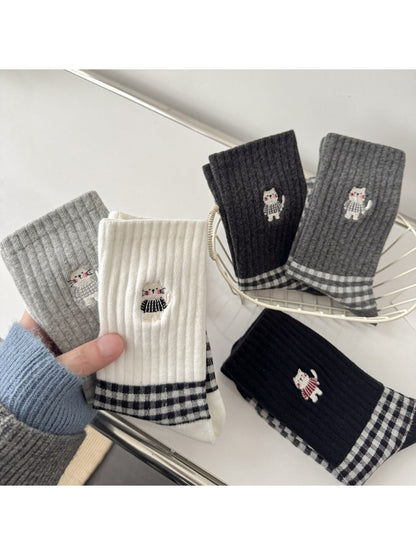 Rufia - Cute Cat Embroidery Plaid Socks for Women