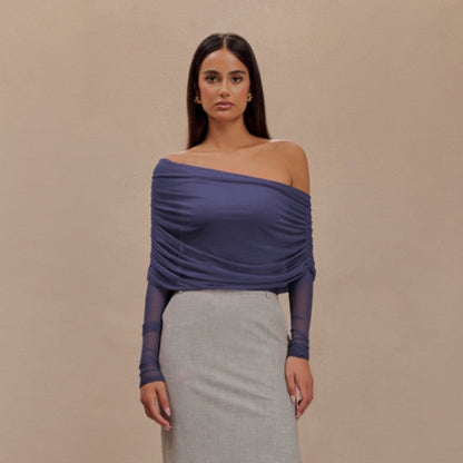 Mesh Insert See Through Pleated Off Shoulder T Shirt