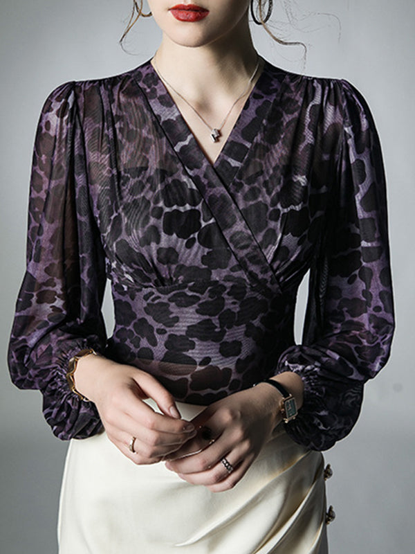 Long Sleeves Plus Size Leopard V-Neck T-Shirts Tops
