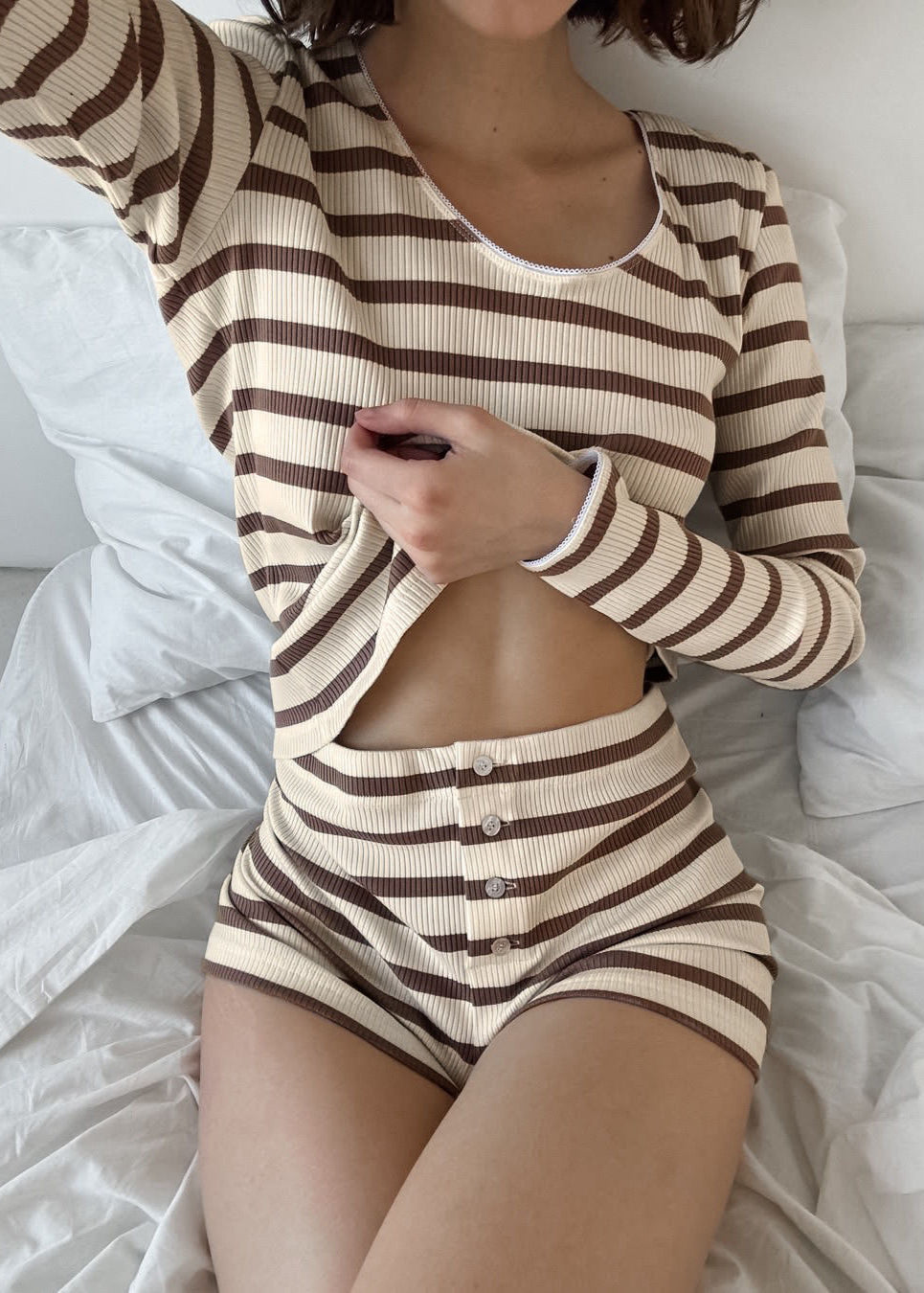 Striped Ribbed Fabric Long Sleeve Top and Shorts Set