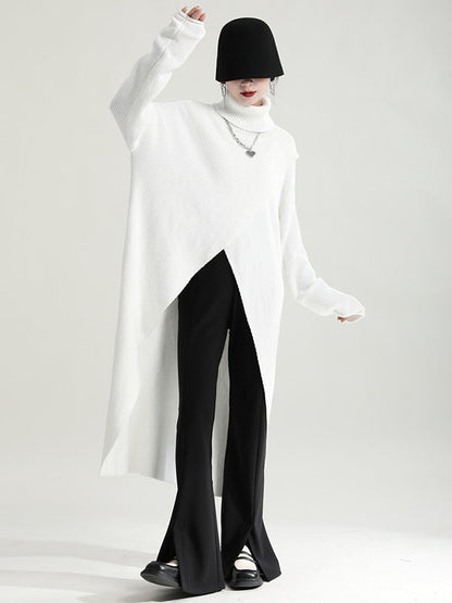 Original High-Low Asymmetric Knitting Dress High-Neck Sweater Dress