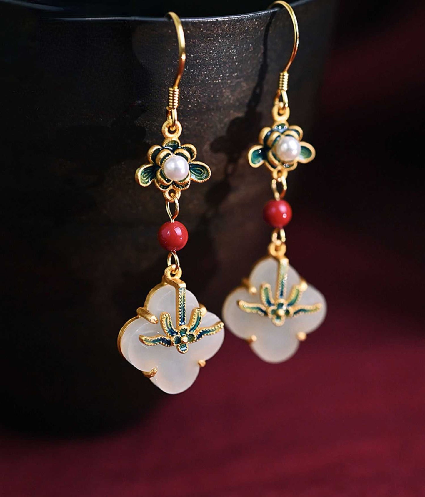 White Jade Clover S925 Silver Earrings With Oriental Classical Paintings, Southern Red Enamel Painted Earrings