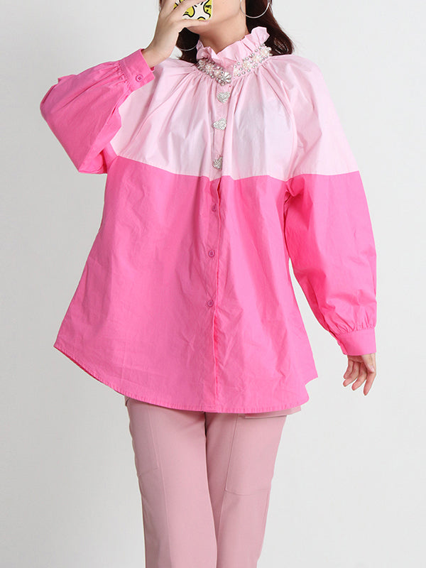 Long Sleeves Loose Buttoned Contrast Color Rhine Stones Mock Neck Blouses&Shirts Tops
