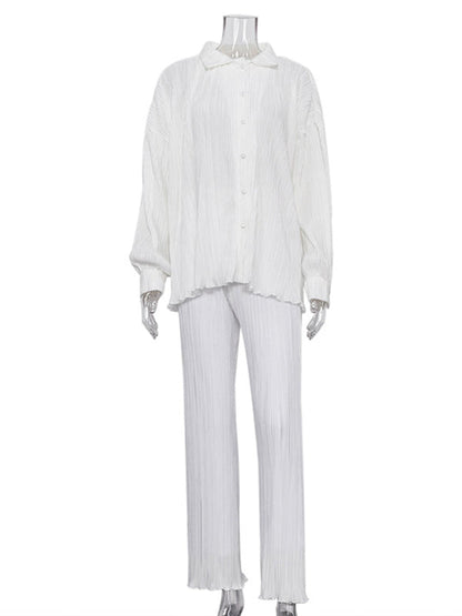 Loose Solid Color Pleated Blouse&Wide Legs Pants 2 Pieces Set