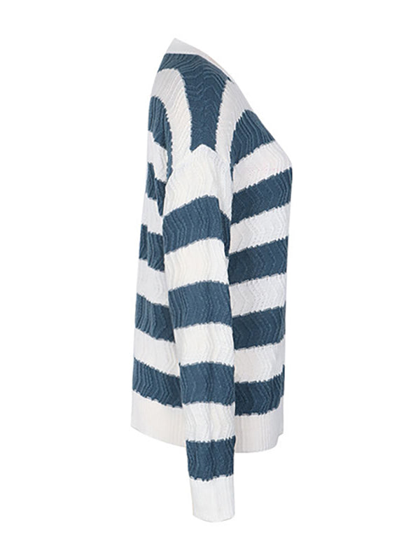 Long Sleeves Loose Contrast Color Striped Round-Neck Pullovers Sweater Tops