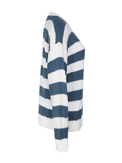 Long Sleeves Loose Contrast Color Striped Round-Neck Pullovers Sweater Tops