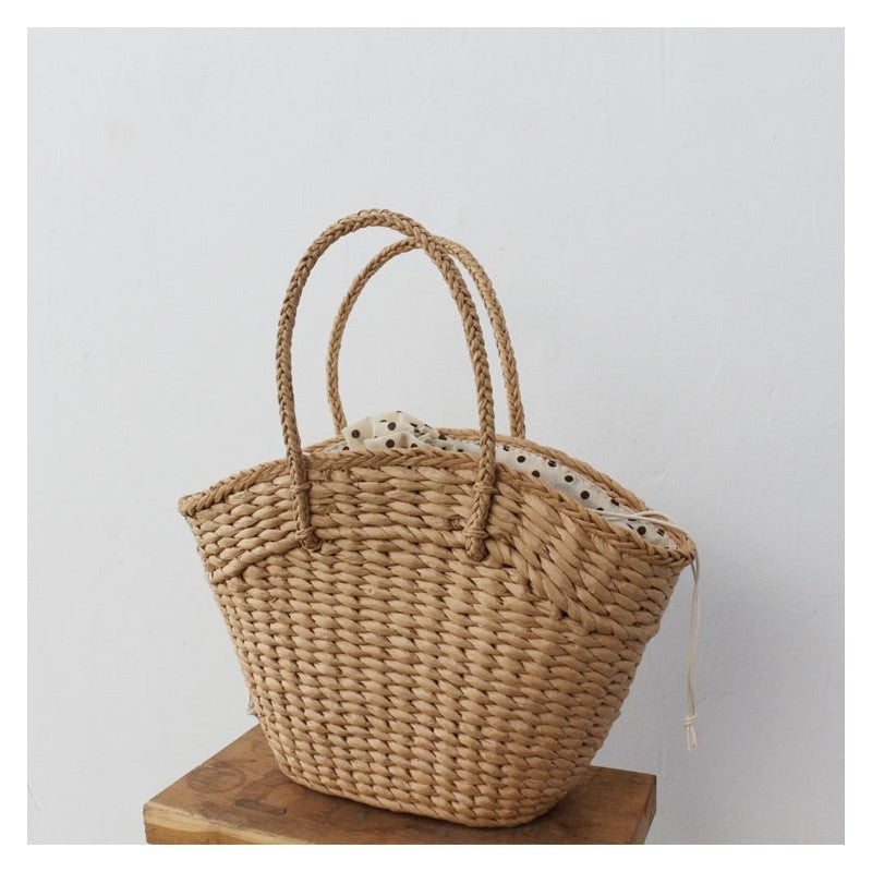 Polka Dot Drawstring Woven Handbag
