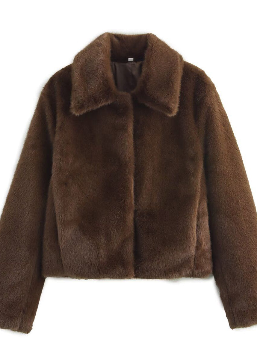 Short Coat Plush Faux Fur Dark Brown