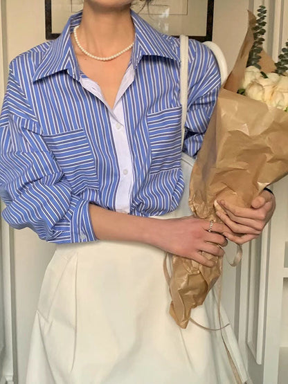 Long Sleeves Loose Buttoned Contrast Color Pockets Striped Lapel Blouses&Shirts Tops