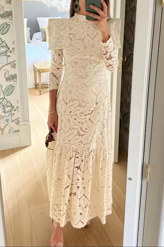 Solid Color Hollow Lace High Neck Long Sleeve Elegant Maxi Dress