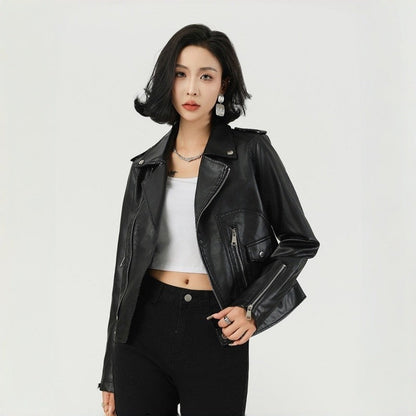 Short Biker Leather Jacket Lapel Collar