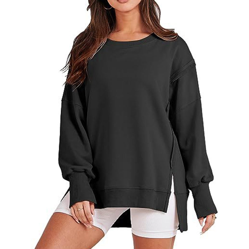 High-Low Long Sleeves Fringed Solid Color Split-Joint Split-Side Round-Neck Sweatershirt