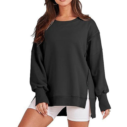 High-Low Long Sleeves Fringed Solid Color Split-Joint Split-Side Round-Neck Sweatershirt