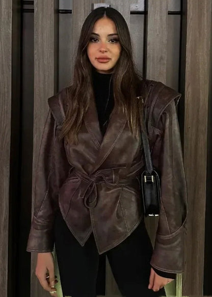 Leather Wrap Jacket with Lace Up Shoulders
