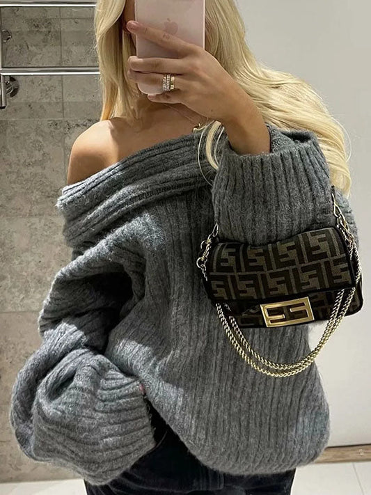 Long Sleeves Loose Pleated Solid Color Split-Joint Off-The-Shoulder Sweater