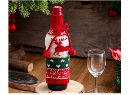 Fur Ball Bow Wine Bottle Set Elk Elder Snowman Knitted Wine Set Decoration Gift Decoration