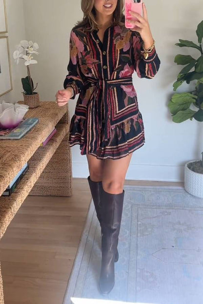 Vintage floral striped waist shirt dress