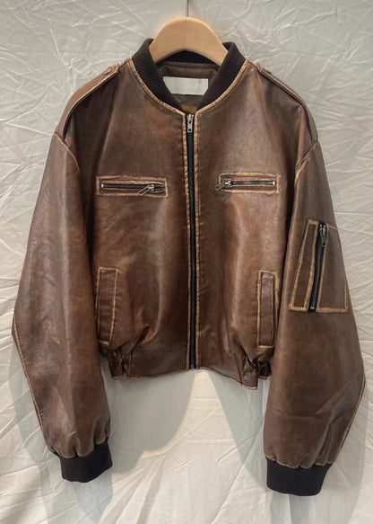 Faux Leather Bomber Jacket With Distressed Finish