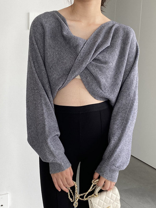 Batwing Sleeves Long Sleeves Knot Solid Color V-Neck Pullovers Sweater Tops