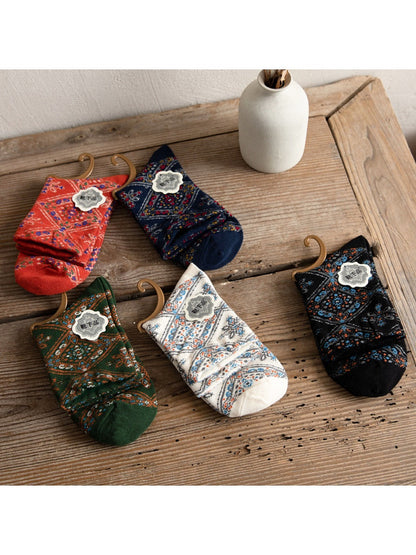 Rufia - Retro Mid-calf Socks with Diamond Floral Patterns