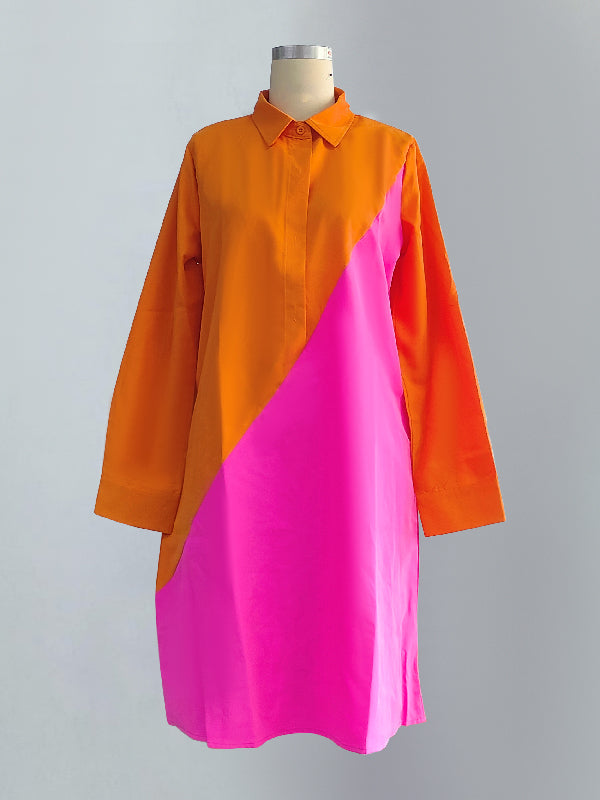 Contrast Lapel Midi Short Dresses Polyester Cotton