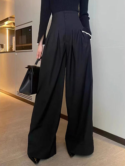 Wide Leg Feeling Of Drape High-Waisted Pockets Solid Color Casual Pants