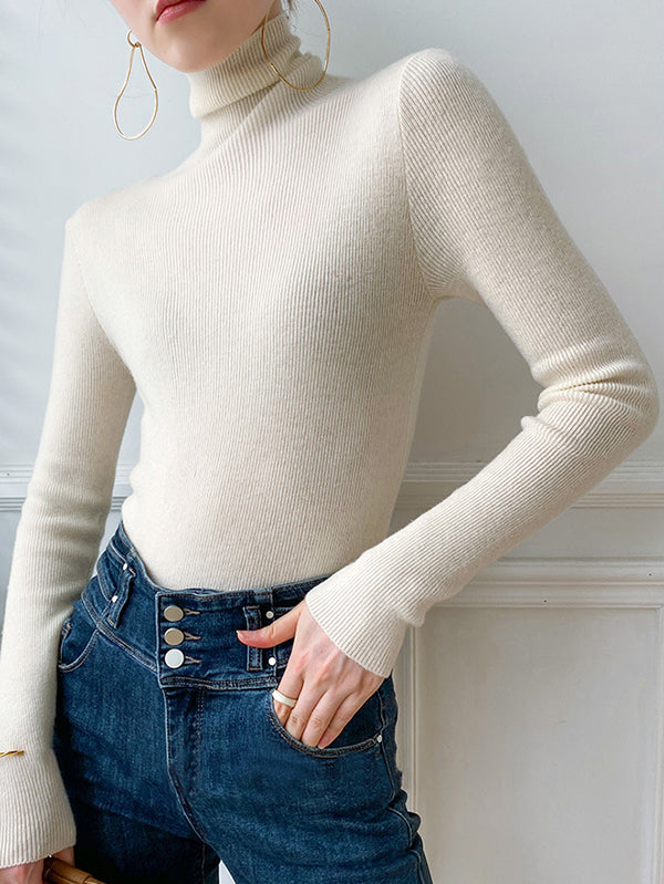 Simple Skinny Solid Color High-Neck Sweater Tops Pullovers